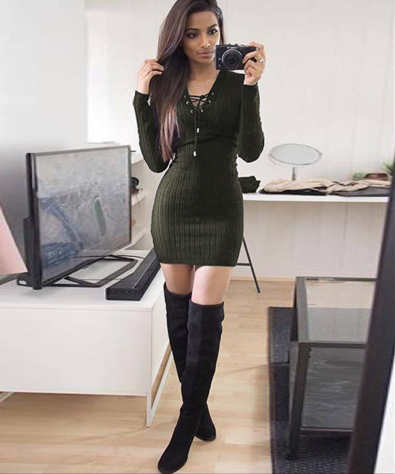 W25038-5  Long Sleeve Knitwear Bodycon Cocktail Evening Party Sweater Mini Dress